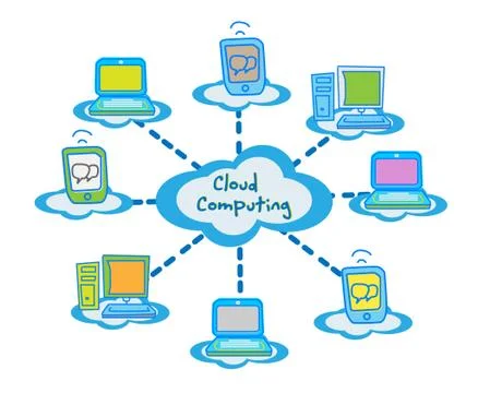 Cloud computing concept client computers communicating Illustrazione stock