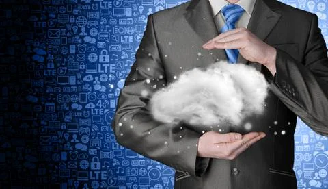 Cloud computing concept, close up of young businessman Illustrazione stock