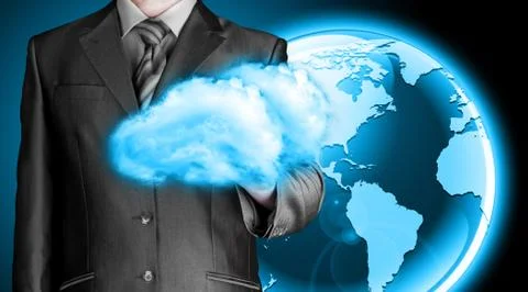 Cloud computing concept, close up of young businessman Stockillustratie