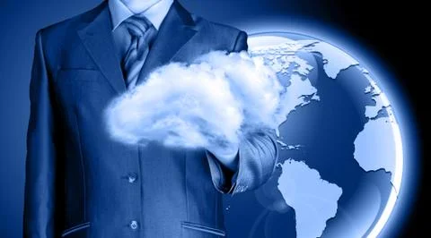 Cloud computing concept, close up of young businessman Illustrazione stock