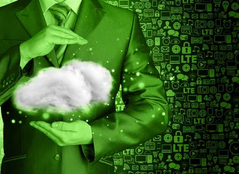 Cloud computing concept, close up of young businessman Illustrazione stock