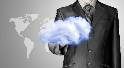 Cloud computing concept, close up of young businessman Illustrazione stock