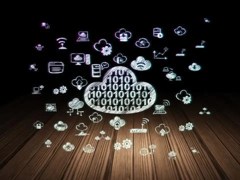Cloud computing concept: Cloud With Code in grunge dark room 库存插图