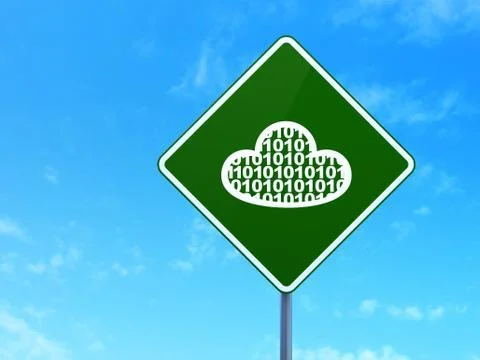 Cloud computing concept: Cloud With Code on road sign background Stock Illustration