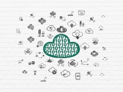 Cloud computing concept: Cloud With Code on wall background Stock Illustration