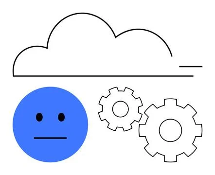 Cloud Computing Concept with Cloud Icon, Gear Symbols, and Neutral Face Stock Illustration