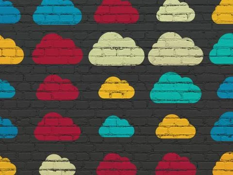 Cloud computing concept: Cloud icons on wall background Illustrazione stock