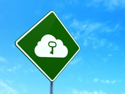 Cloud computing concept: Cloud With Key on road sign background Stock Illustration