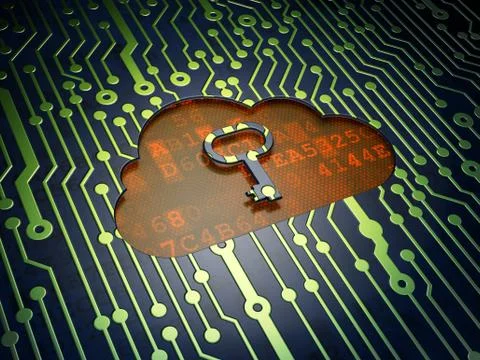 Cloud computing concept: Cloud With Key on circuit board backgro Illustrazione stock