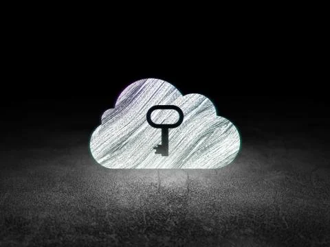 Cloud computing concept: Cloud With Key in grunge dark room Stockillustratie