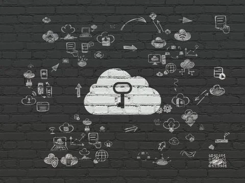 Cloud computing concept: Cloud With Key on wall background Illustrazione stock