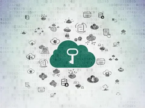 Cloud computing concept: Cloud With Key on Digital Data Paper background Stockillustratie