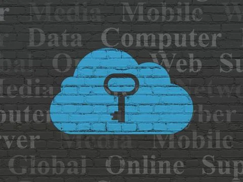 Cloud computing concept: Cloud With Key on wall background 스톡 일러스트