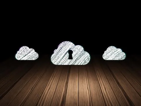 Cloud computing concept: cloud with keyhole icon in dark room Illustrazione stock