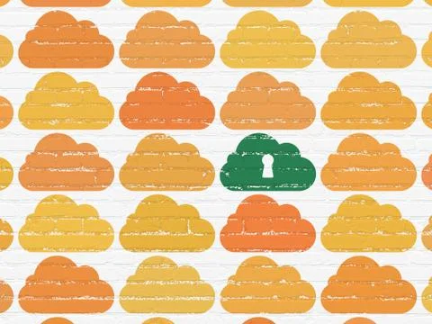 Cloud computing concept: cloud with keyhole icon on wall Stock Illustration
