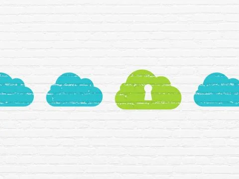 Cloud computing concept: cloud with keyhole icon on wall background Illustrazione stock