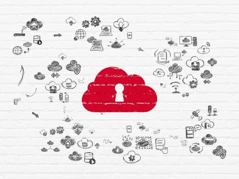 Cloud computing concept: Cloud With Keyhole on wall background 스톡 일러스트