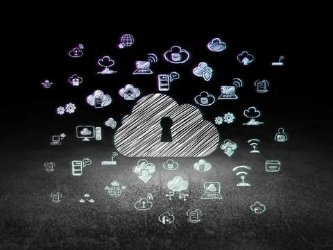 Cloud computing concept: Cloud With Keyhole in grunge dark room Stockillustratie