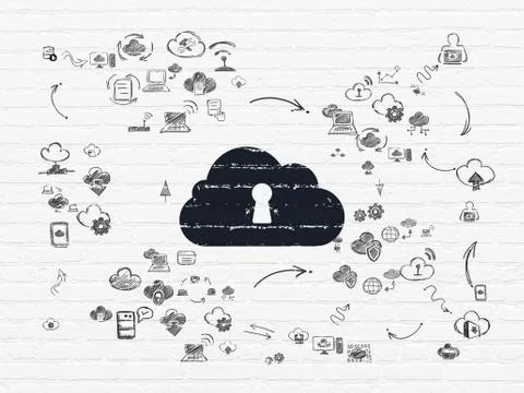 Cloud computing concept: Cloud With Keyhole on wall background Stock Illustration