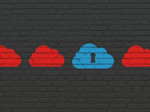 Cloud computing concept: cloud with keyhole icon on wall background Illustrazione stock