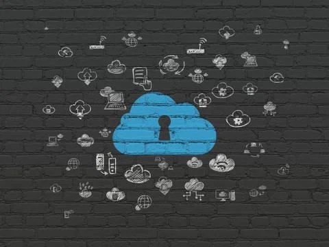 Cloud computing concept: Cloud With Keyhole on wall background Stockillustratie