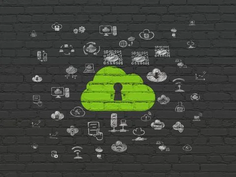 Cloud computing concept: Cloud With Keyhole on wall background Stock Illustration