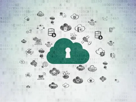 Cloud computing concept: Cloud With Keyhole on Digital Data Paper background 스톡 일러스트