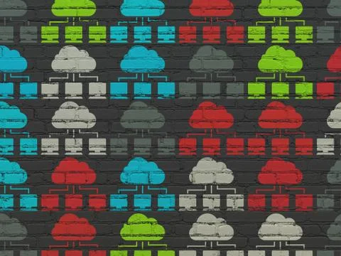 Cloud computing concept: Cloud Network icons on wall background Stock Illustration