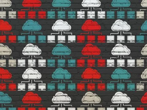 Cloud computing concept: Cloud Network icons on wall background Illustrazione stock