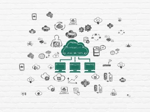 Cloud computing concept: Cloud Network on wall background 스톡 일러스트