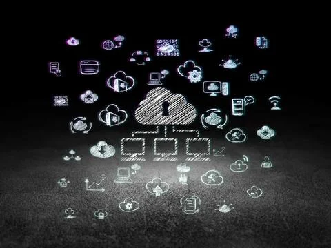 Cloud computing concept: Cloud Network in grunge dark room Stock Illustration