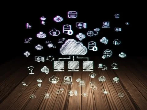 Cloud computing concept: Cloud Network in grunge dark room Stock Illustration