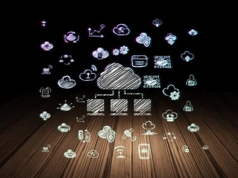 Cloud computing concept: Cloud Network in grunge dark room Stock Illustration