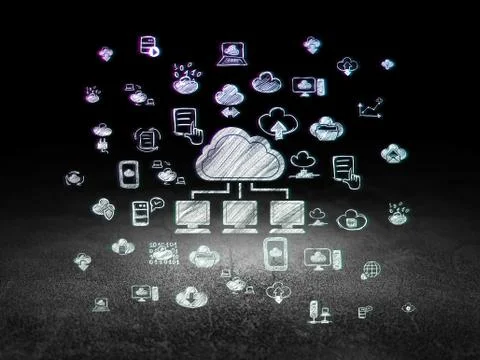 Cloud computing concept: Cloud Network in grunge dark room Stockillustratie