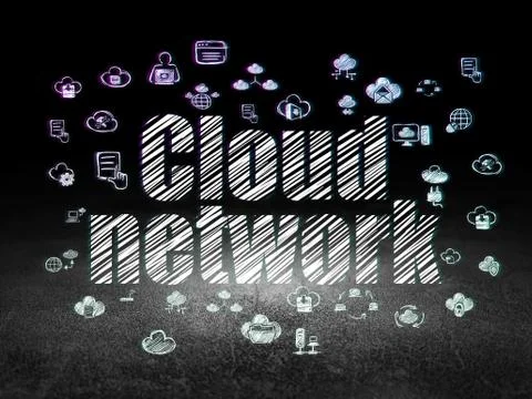 Cloud computing concept: Cloud Network in grunge dark room Stockillustratie
