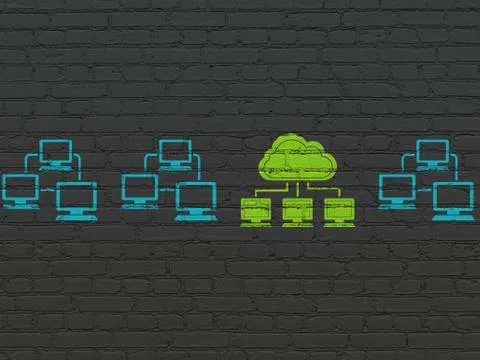 Cloud computing concept: cloud network icon on wall background Stock Illustration