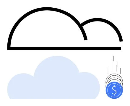 Cloud computing concept with cloud outline and cloud storage coins descending Stock Illustration
