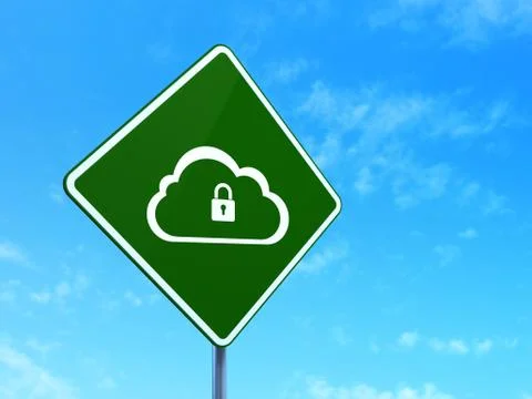 Cloud computing concept: Cloud With Padlock on road sign 스톡 일러스트