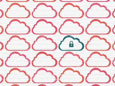 Cloud computing concept: cloud with padlock icon on wall background Stock Illustration