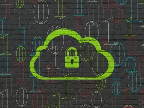 Cloud computing concept: Cloud With Padlock on wall background Stock Illustration