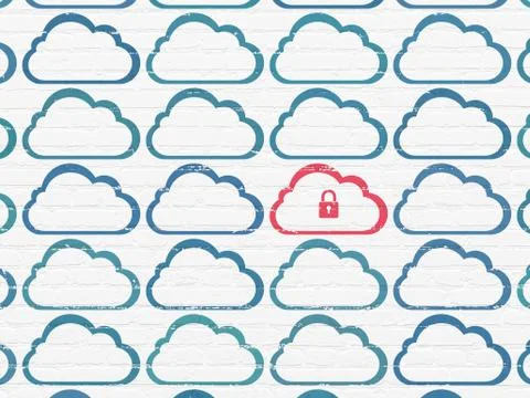 Cloud computing concept: cloud with padlock icon on wall background Illustrazione stock