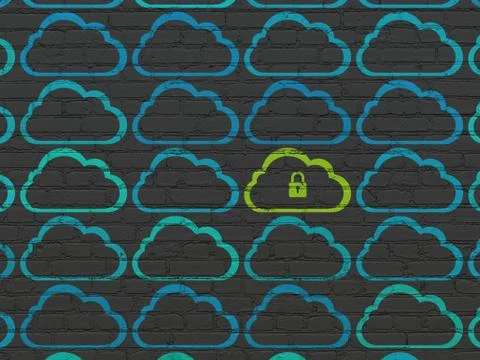 Cloud computing concept: cloud with padlock icon on wall background Stock Illustration