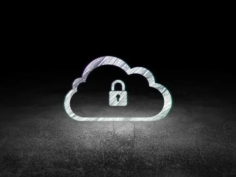 Cloud computing concept: Cloud With Padlock in grunge dark room Stock Illustration