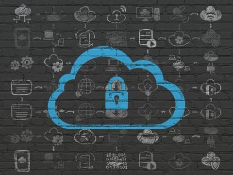 Cloud computing concept: Cloud With Padlock on wall background Stock Illustration