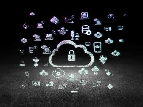 Cloud computing concept: Cloud With Padlock in grunge dark room Stockillustratie