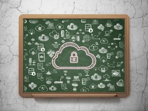 Cloud computing concept: Cloud With Padlock on School board background Stock Illustration