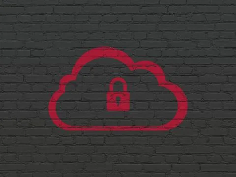 Cloud computing concept: Cloud With Padlock on wall background Illustrazione stock