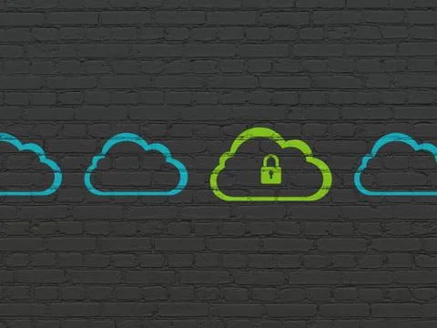 Cloud computing concept: cloud with padlock icon on wall background Ilustração Stock