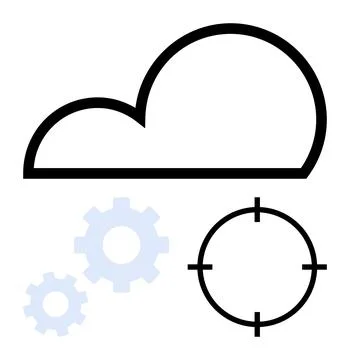 Cloud computing concept with cloud silhouette, target symbol, and two blue gears Illustrazione stock