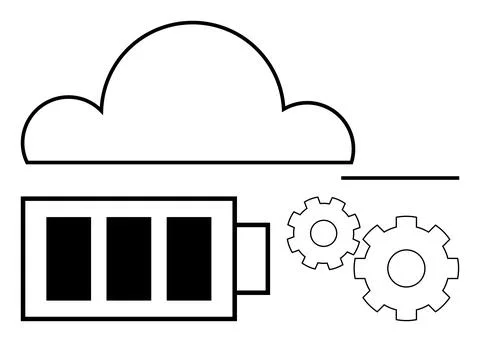 Cloud computing concept with cloud storage, battery, and gear settings outl.. Stock Illustration